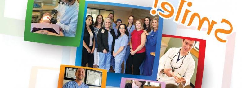 The word Smile! with various photos of Health District Family Dental Clinic staff in action over colorful rectangle shapes